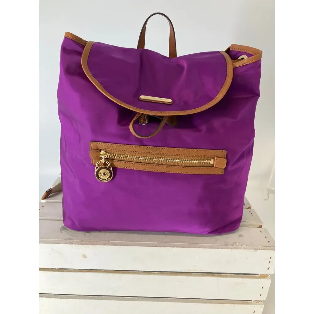 MICHAEL KORS, LARGE PURPLE, BROWN NYLON LOCK CHARM BACKPACK
